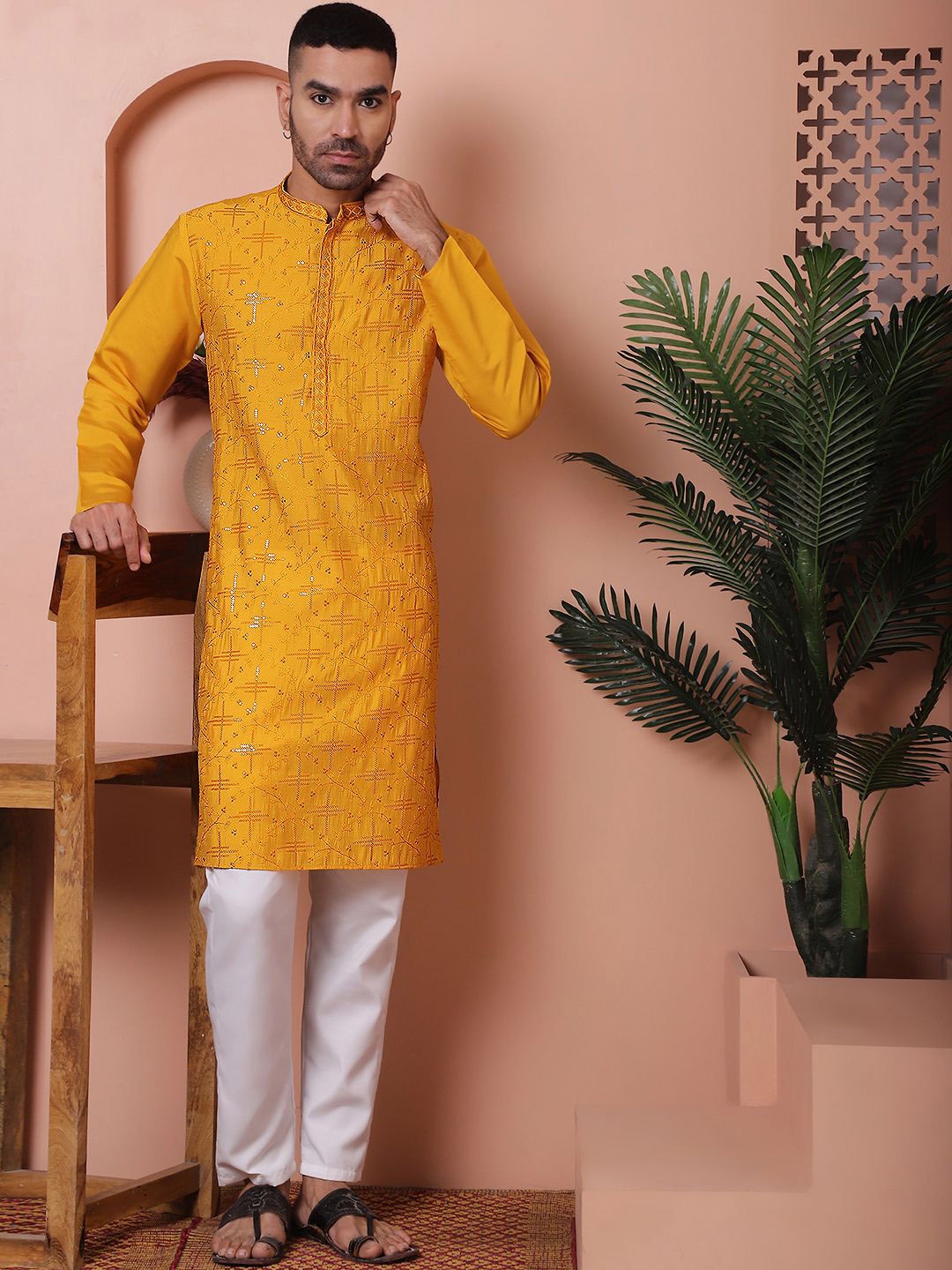 

Jompers Floral Embroidered Regular Sequinned Kurta with Pyjamas, Mustard