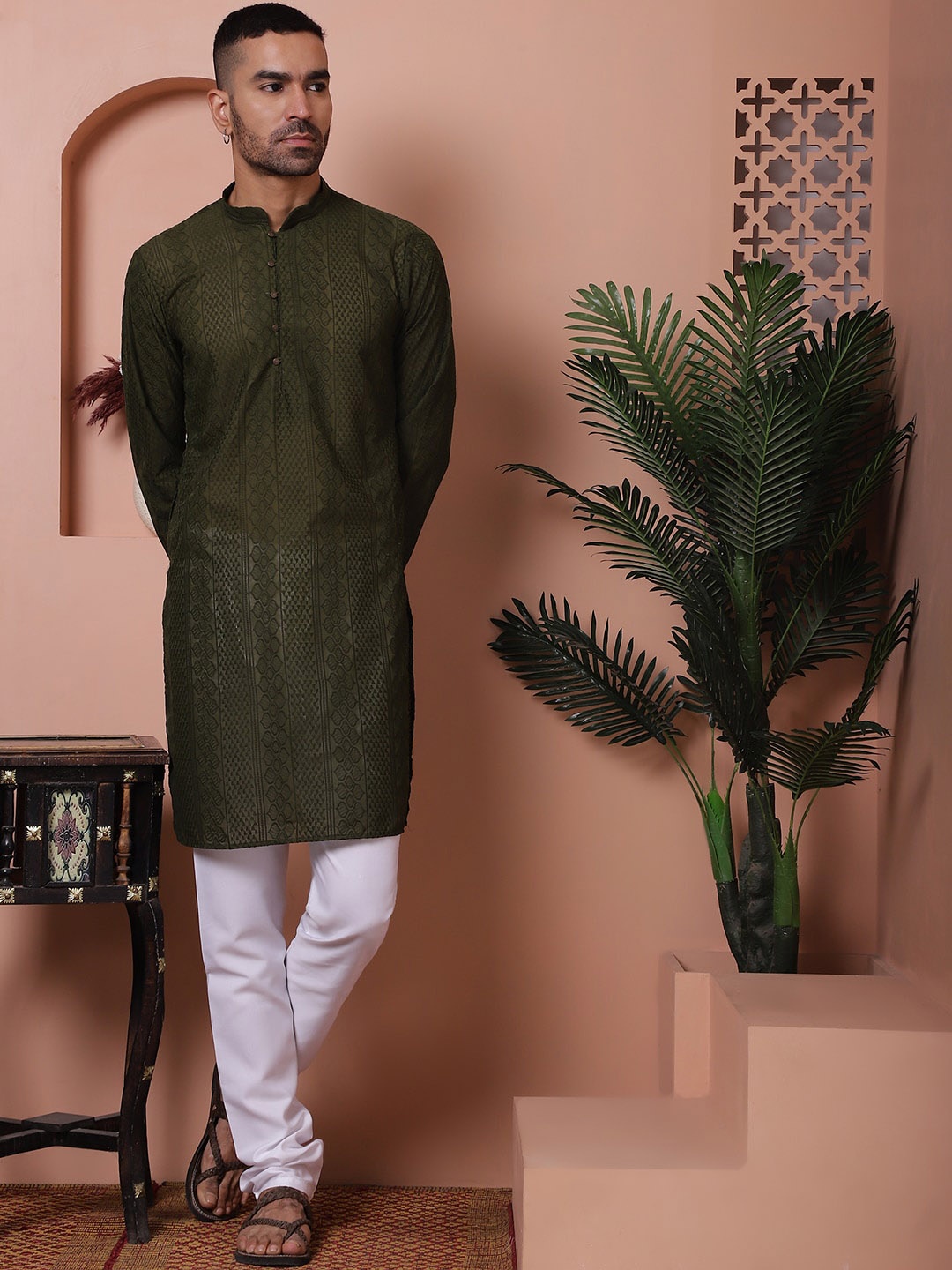 

Jompers Ethnic Motifs Embroidered Regular Pure Cotton Kurta with Churidar, Olive