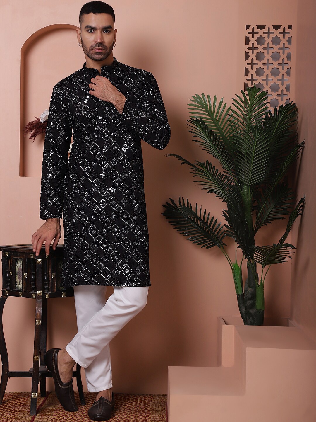 

Jompers Mandarin Collar Embroidered Regular Sequinned Kurta with Pyjamas, Black