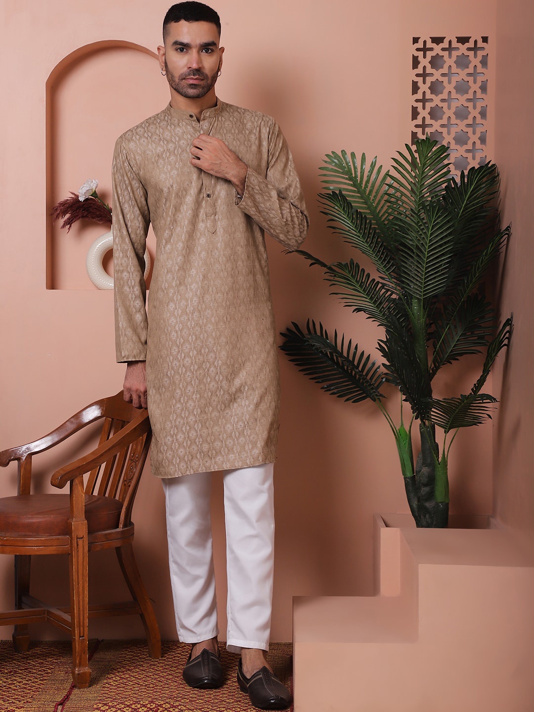 

Jompers Mandarin Collar Regular Pure Cotton Kurta with Pyjamas, Brown