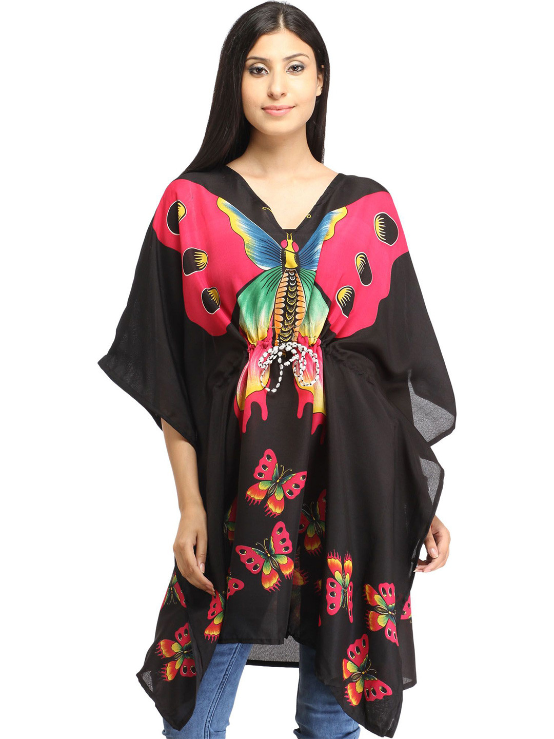 

Exotic India Floral Printed Tie-Up Neck Kimono Sleeve Georgette Fit & Flare Dress, Magenta