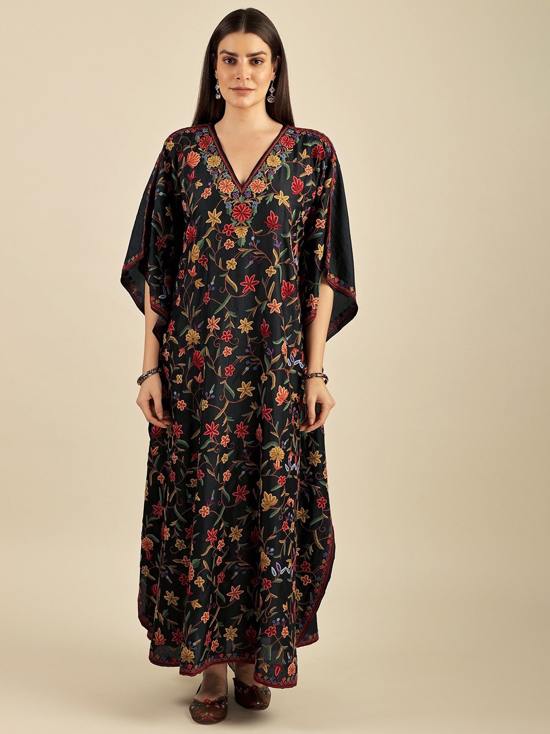 

Exotic India Black Beauty Aari Hand Embroidered Flowers Long Cashmere Kaftan