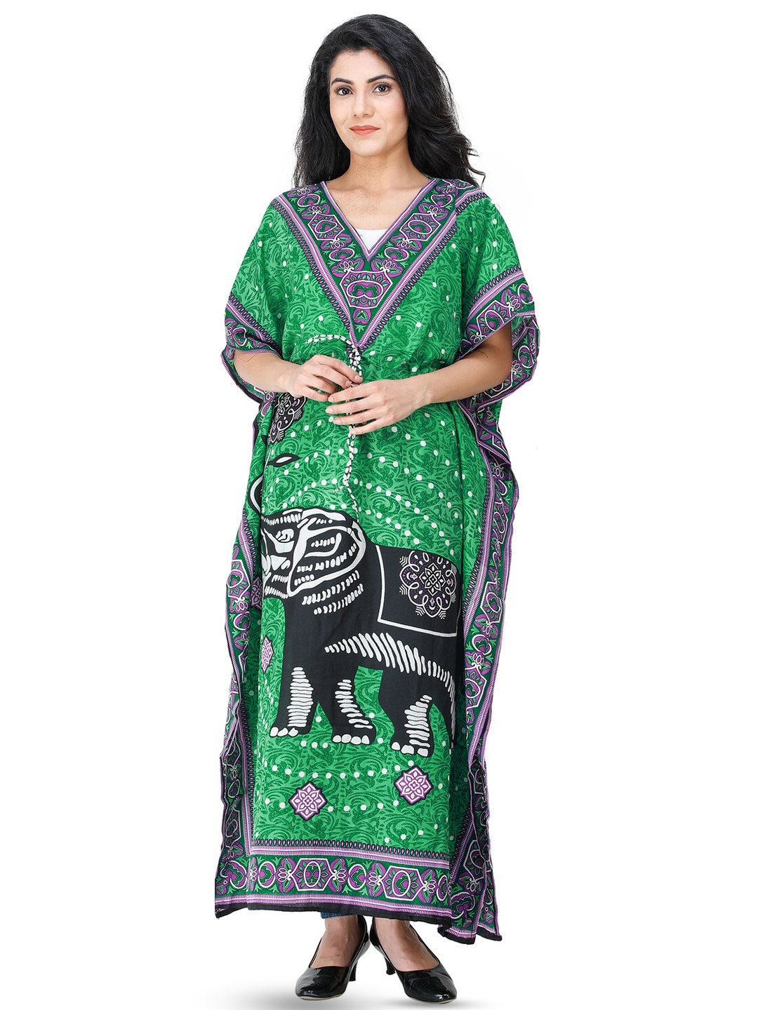 

Exotic India Printed Elephant Peppermint Green Kaftan and Dori at Waist