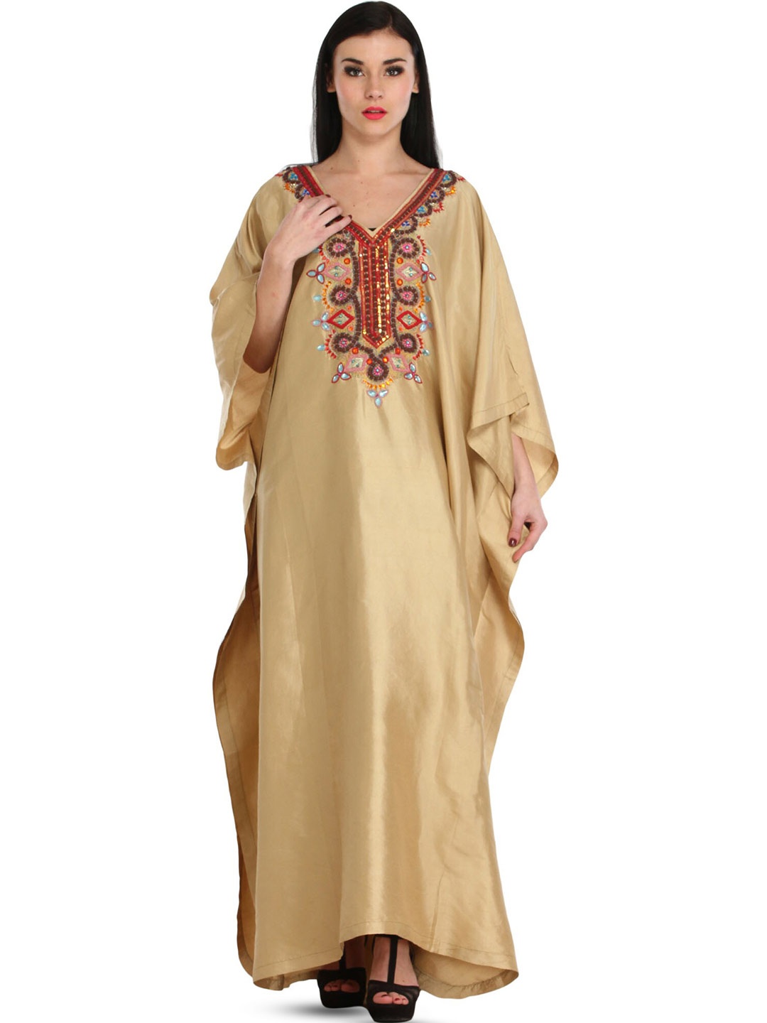 

Exotic India Floral Embroidered V-Neck Silk A-Line Dress, Beige