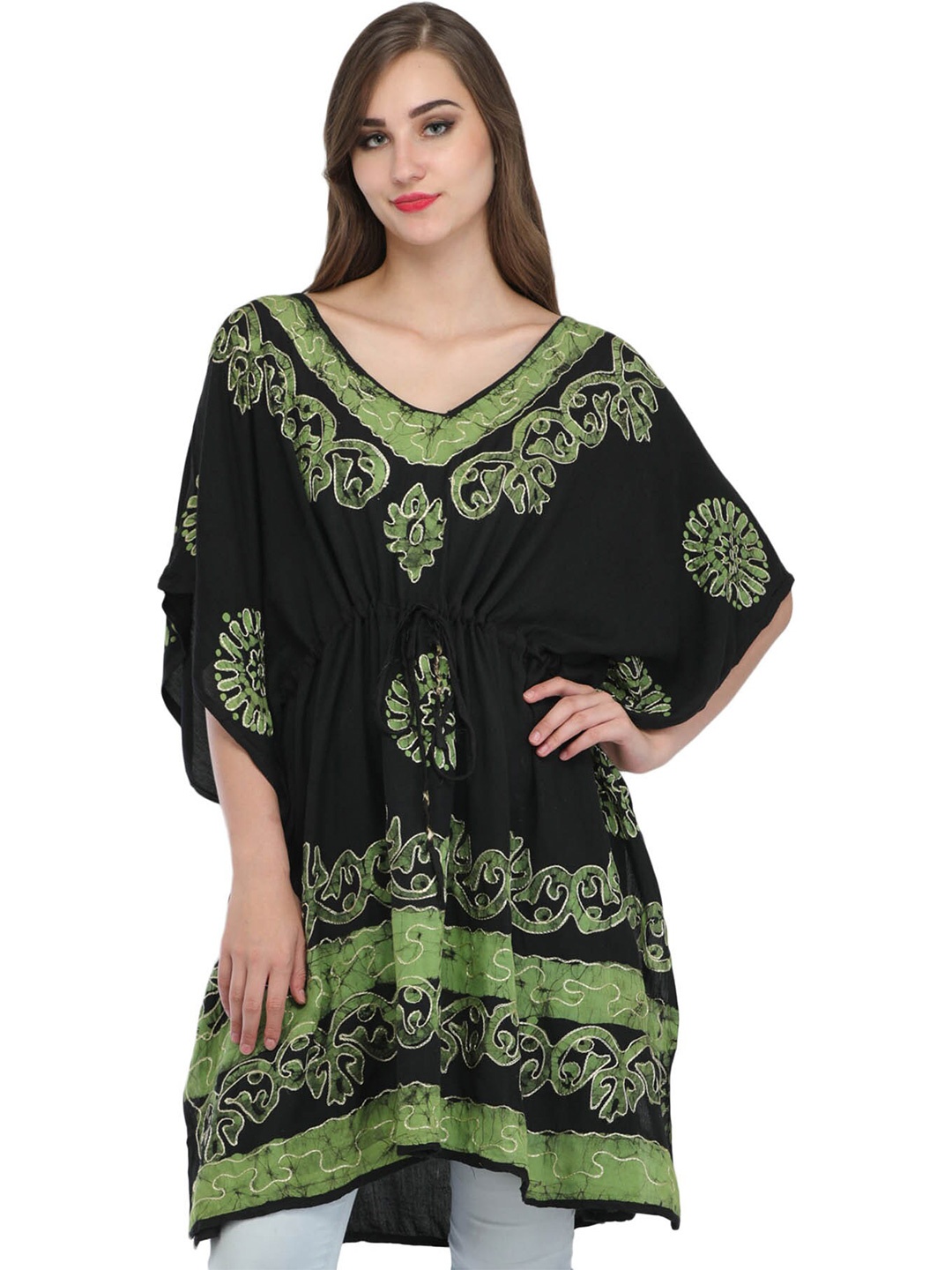 

Exotic India Floral Print A-Line Dress for Women, Black