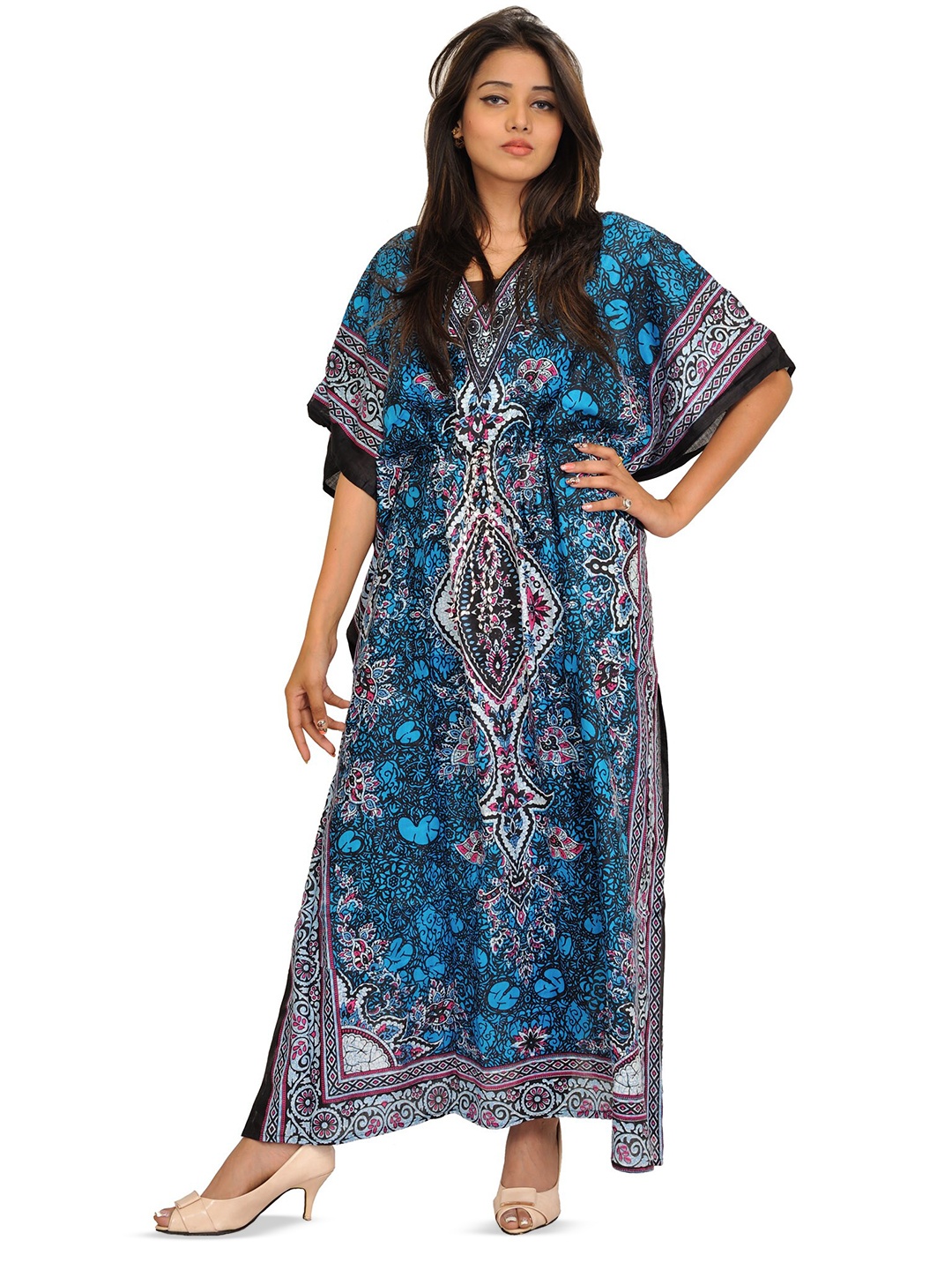 

Exotic India Ethnic Motifs Print Kimono Sleeve Kaftan Maxi Dress, Blue