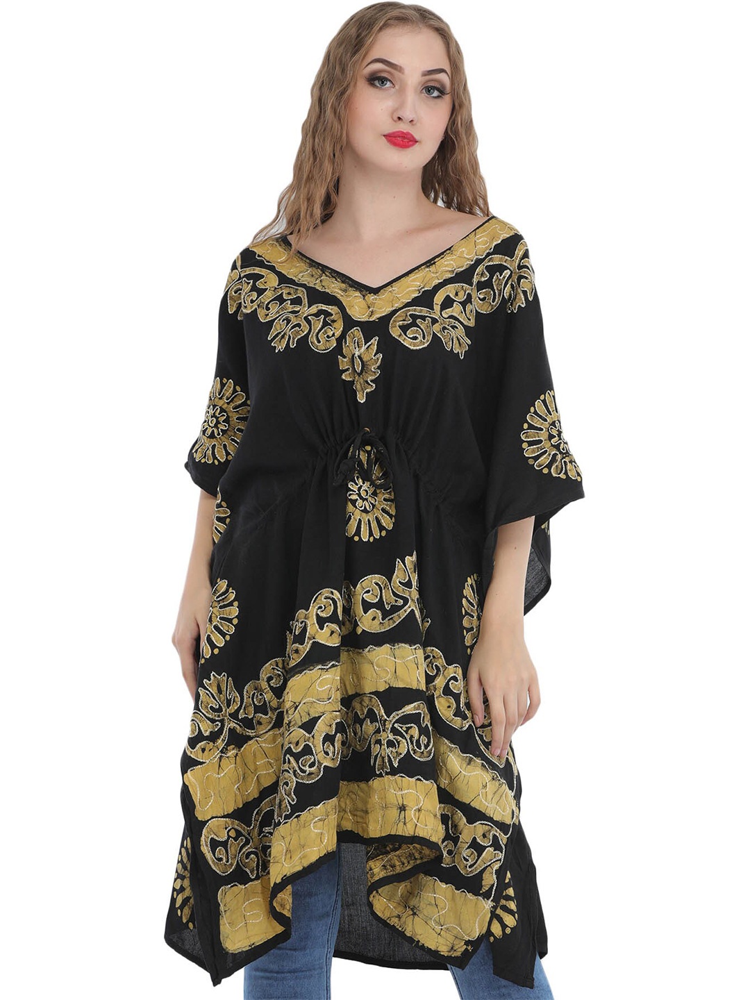 

Exotic India Floral Print Flared Sleeve A-Line Dress, Black