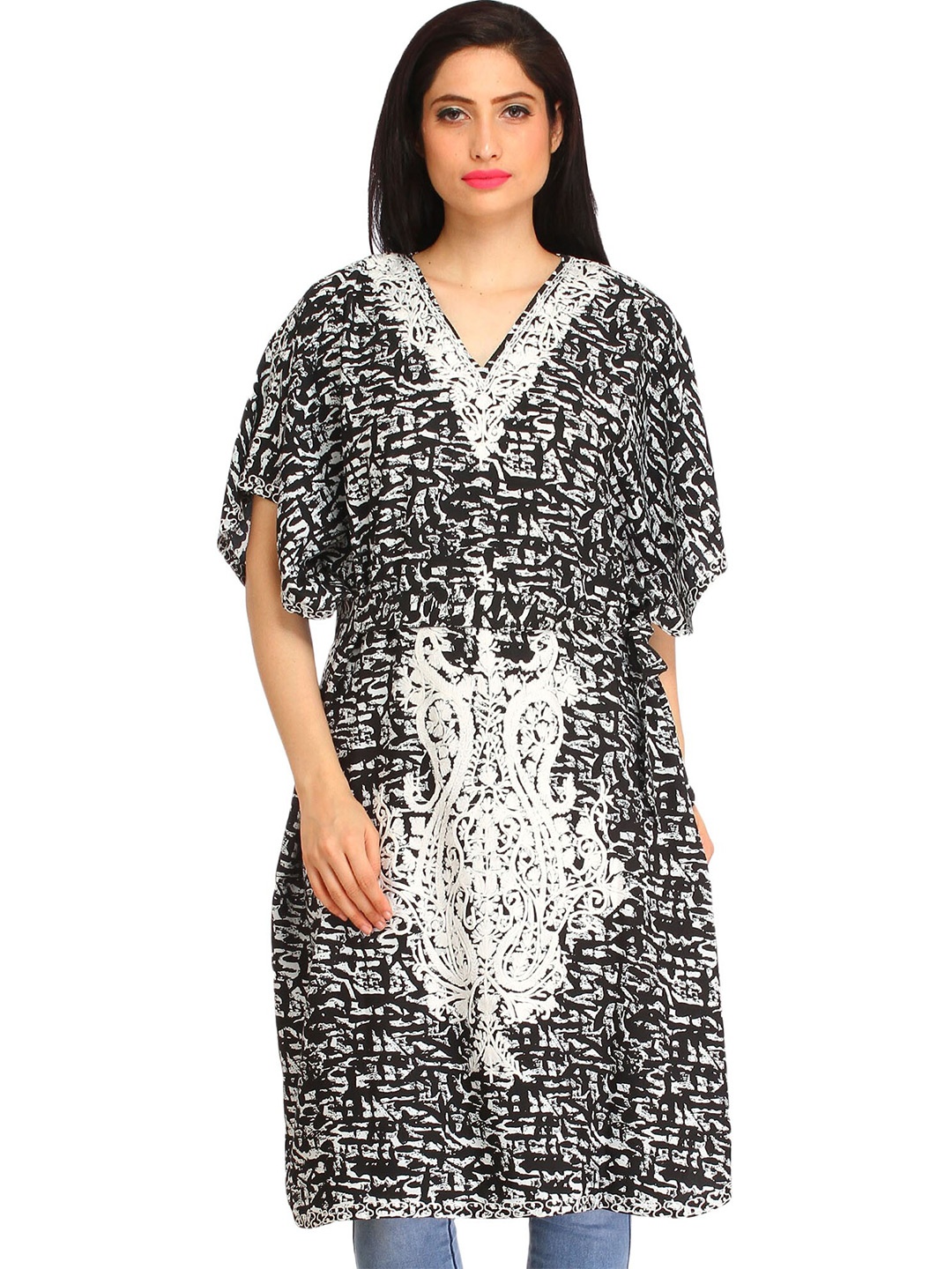 

Exotic India Printed Kimono Sleeves Kaftan Dress, Black