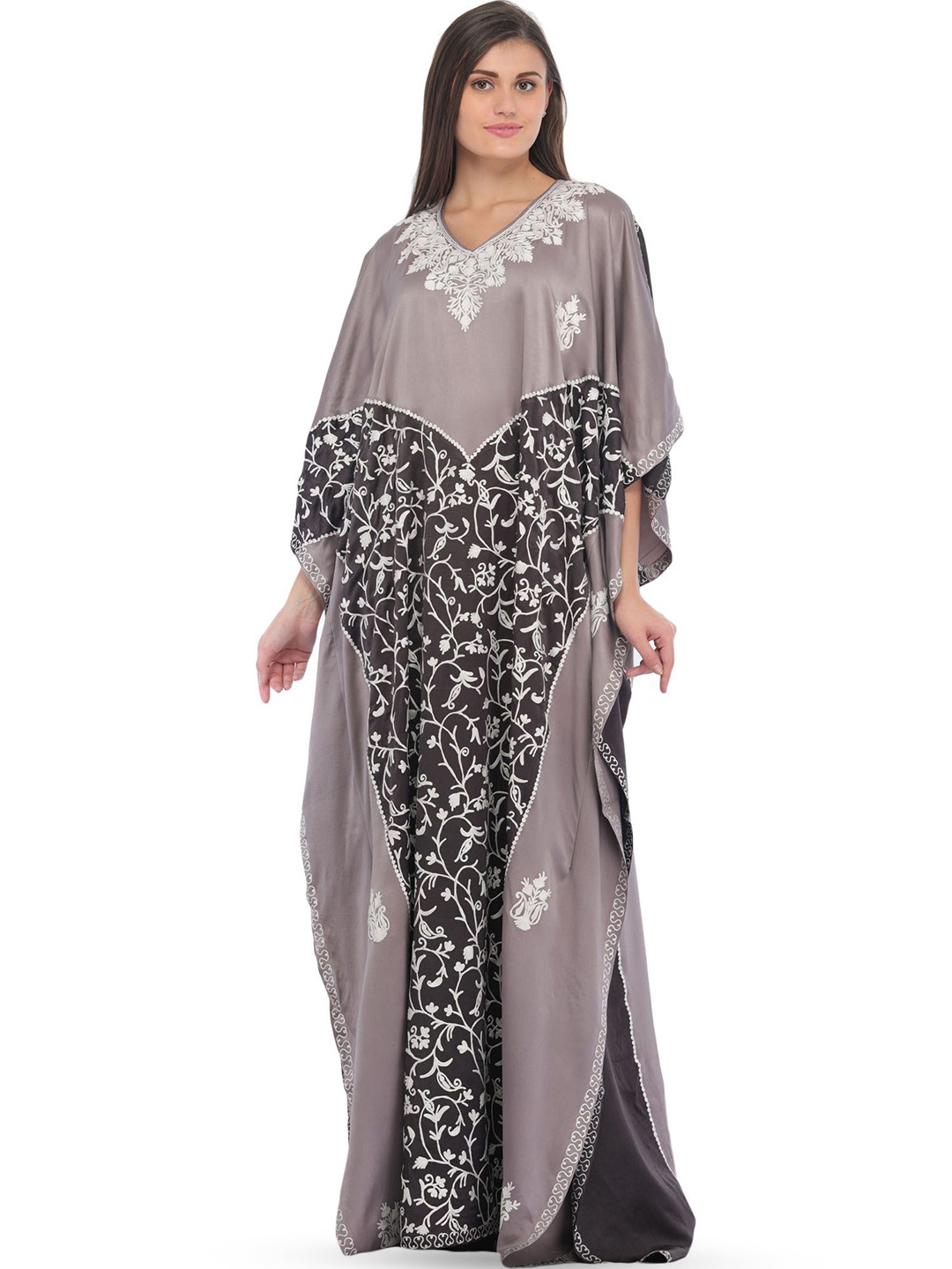 

Exotic India Floral Printed Kimono Sleeves Flared Silk Peplum Dress, Grey