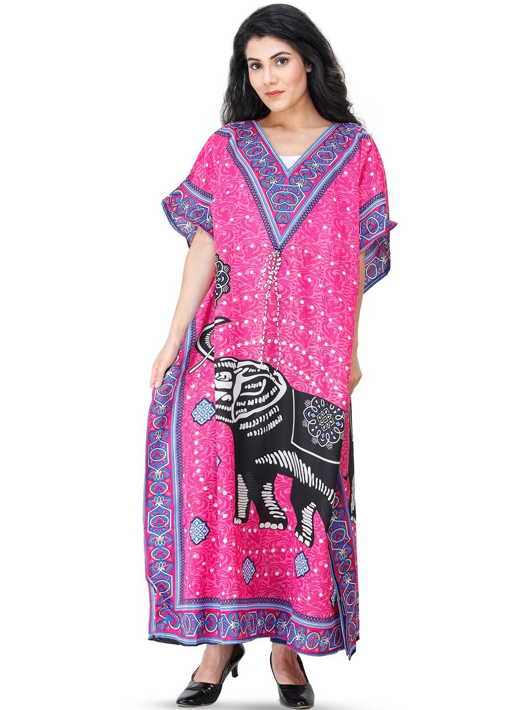 

Exotic India Printed Elephant Kimono Sleeves Kaftan with Dori at Waist, Pink