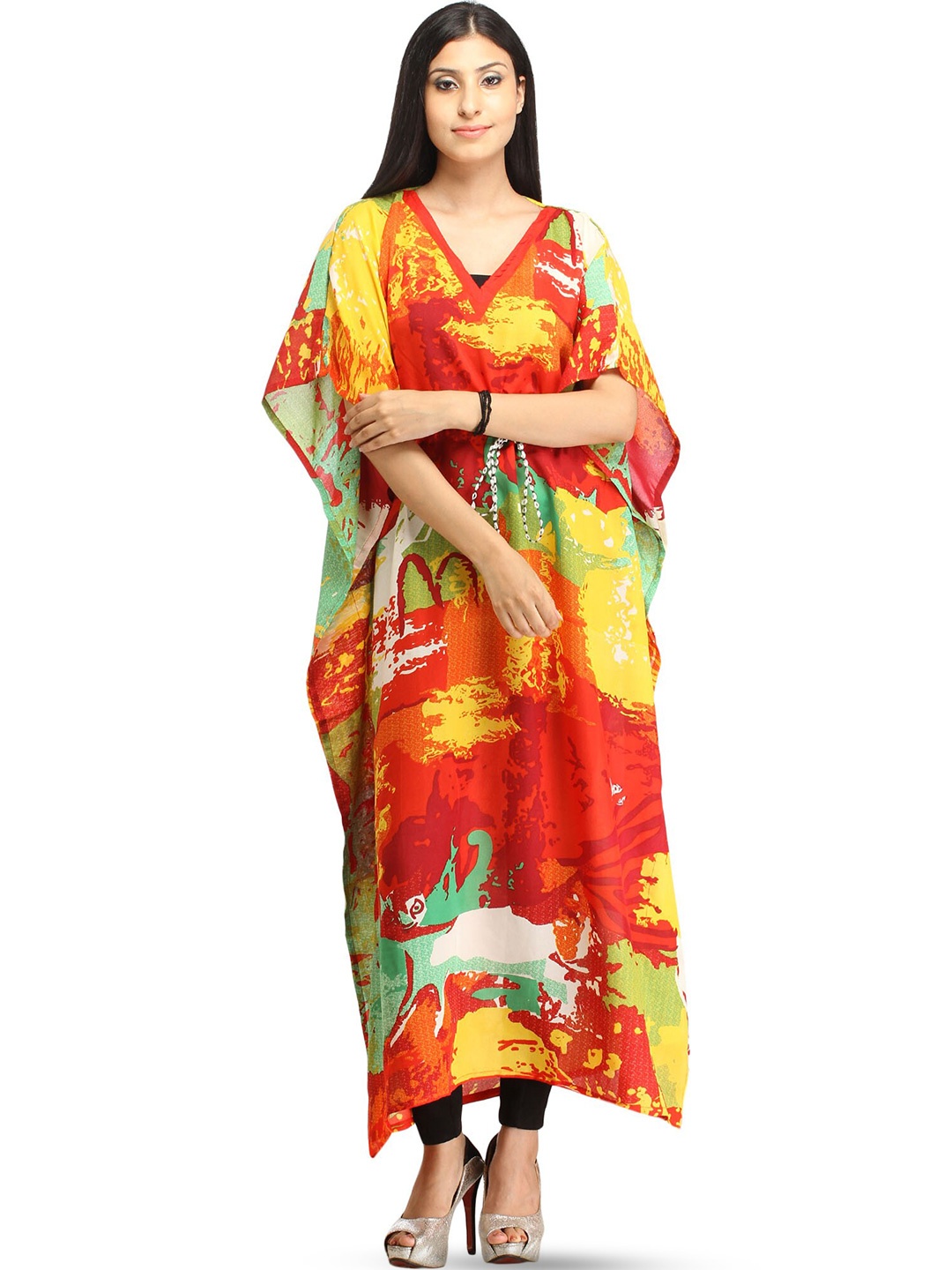 

Exotic India Digital Printed Kaftan with Dori on Waist, Orange
