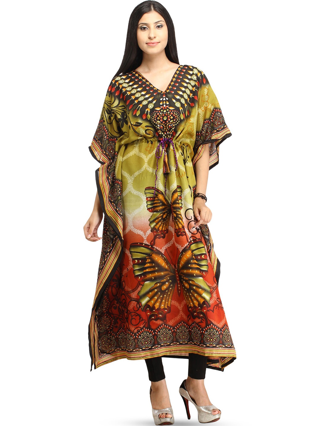 

Exotic India Green And Brown Butterflies Digital-Printed Kaftan with Dori at Waist