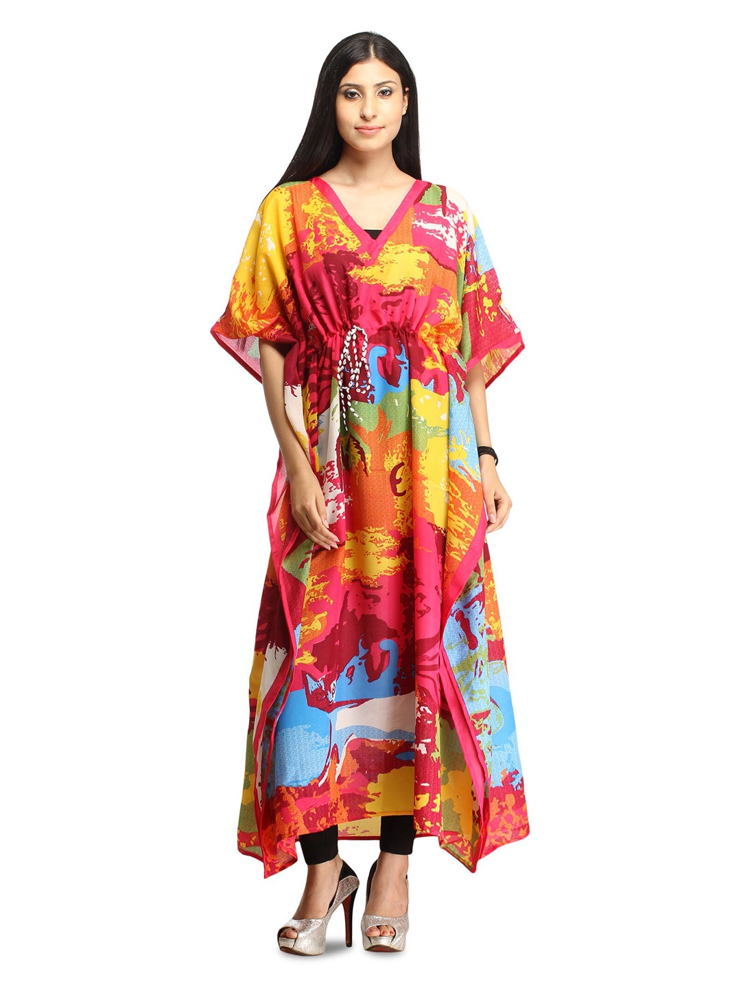 

Exotic India Raspberry Sorbet Multicolored Digital Printed Kaftan with Dori on Waist, Yellow