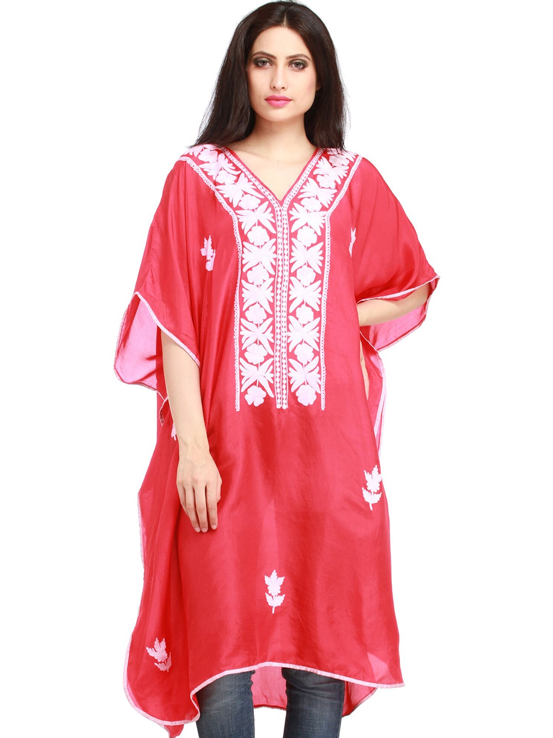 

Exotic India Kimono Sleeves Kaftan Kurta, Pink