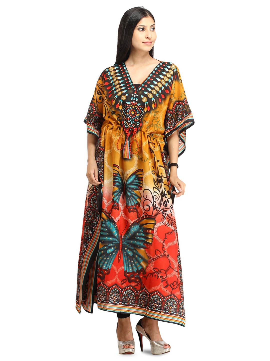 

Exotic India Honey Yellow And Red Butterflies Digital-Printed Kaftan with Dori at Waist