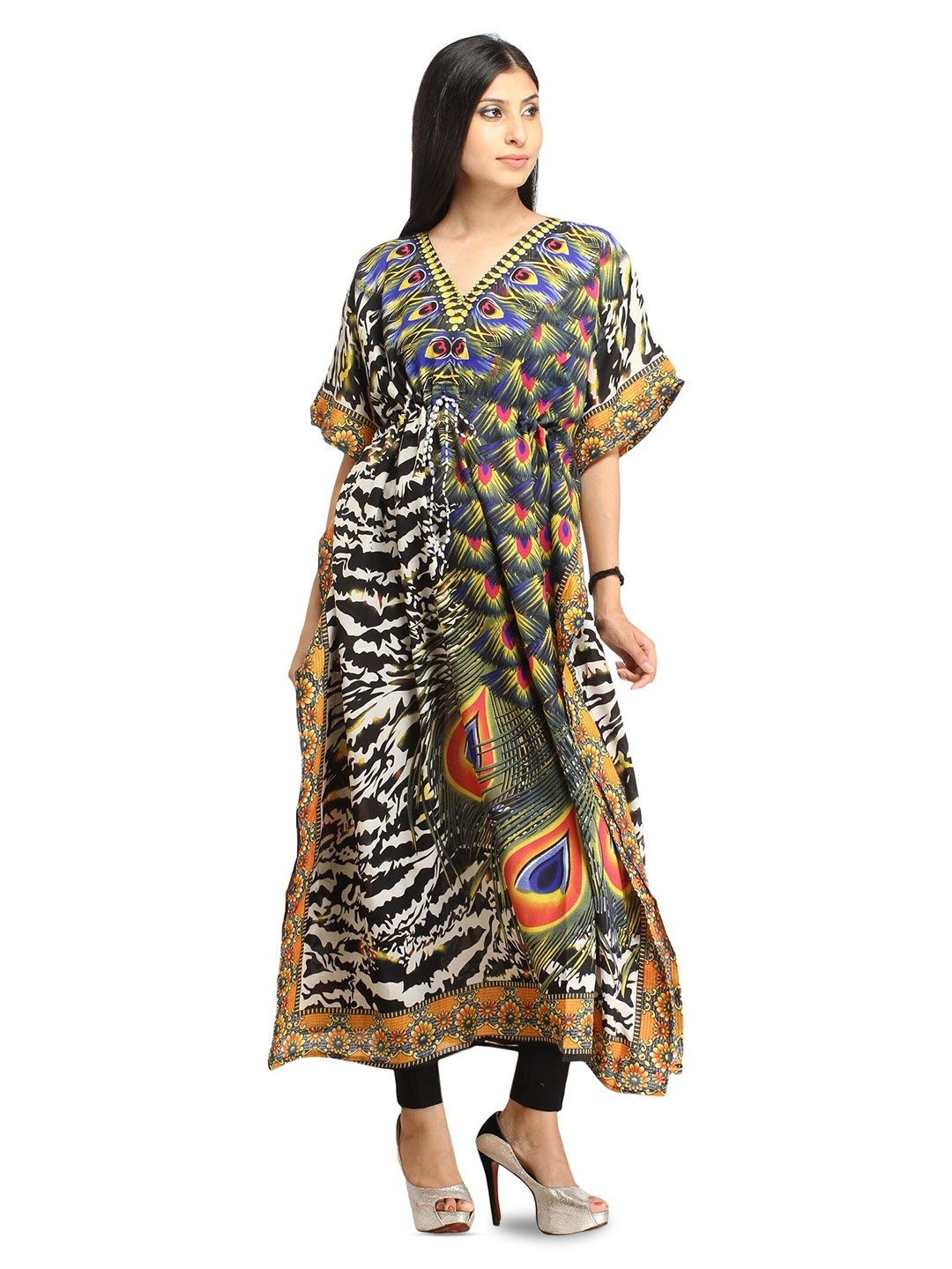 

Exotic India Pirate Black Digital-Printed Large Peacock Feather Kaftan with Dori on Waist