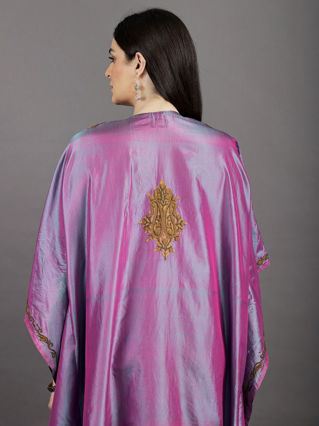 

Exotic India Kashmiri Kaftan Maxi Dress with Aari Paisley Embroidery, Purple