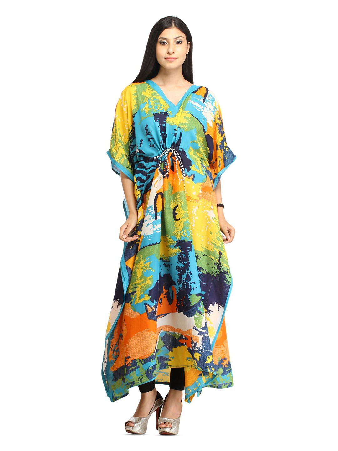 

Exotic India Digital Printed Kaftan with Dori On Waist, Yellow