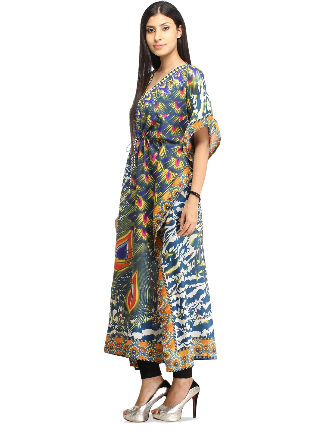 

Exotic India Printed Kimono Sleeve Kaftan Midi Dress, Blue