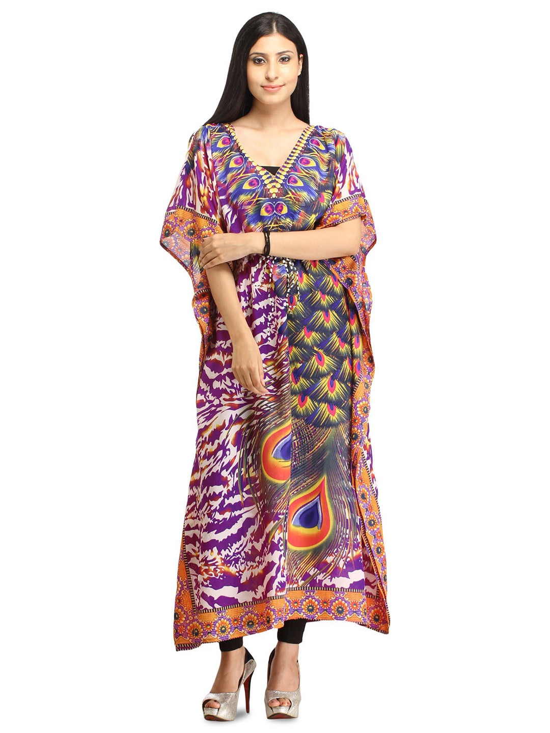 

Exotic India Pansy Purple Digital-Printed Large Peacock Feather Kaftan with Dori on Waist