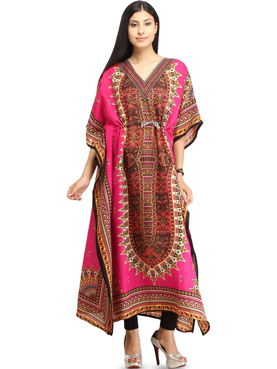 

Exotic India Magenta Aztec Print Kaftan with Dori at Waist