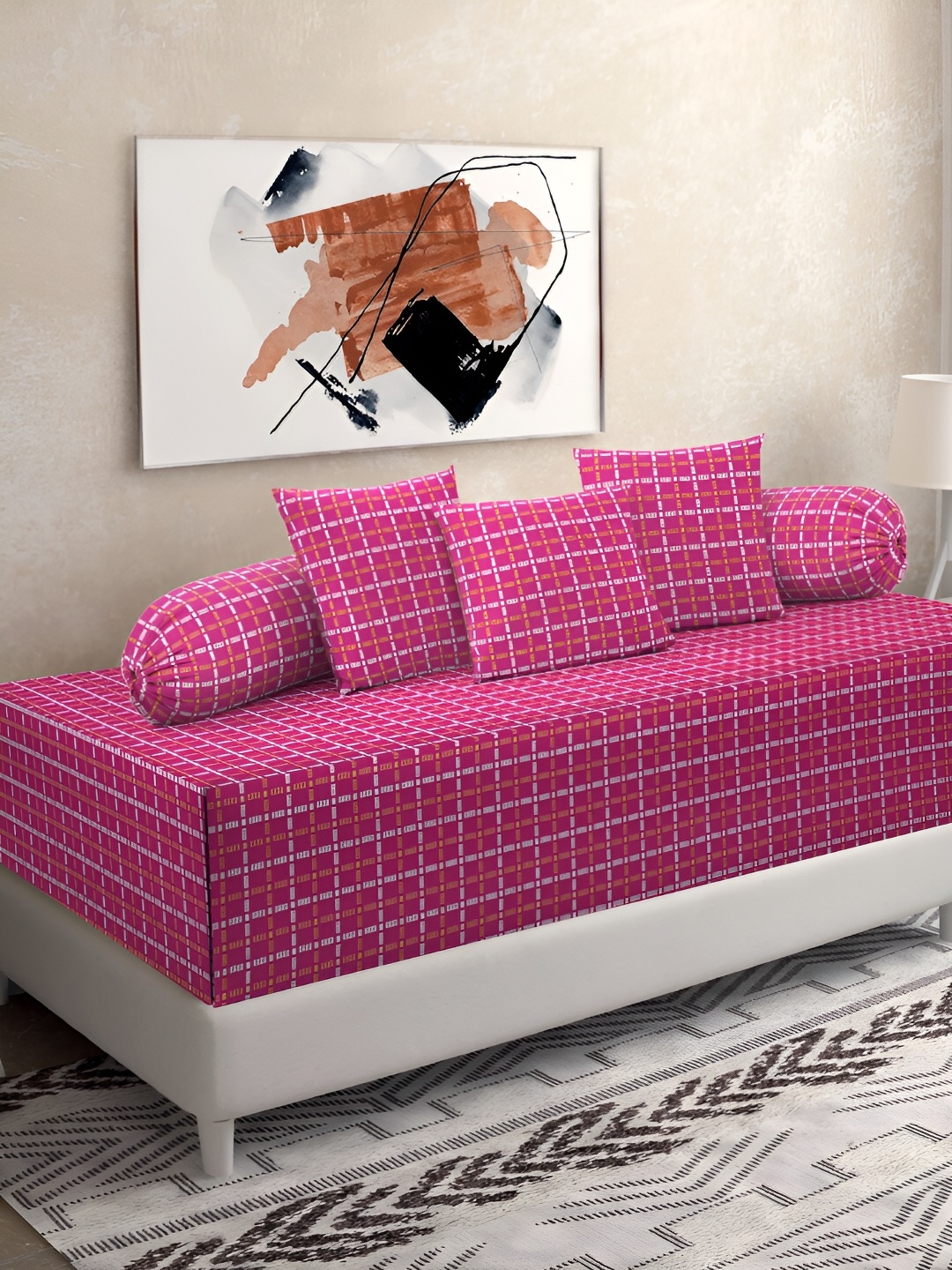 

KLOTTHE Pink 6 Pieces Striped Pure Cotton Woven Design Diwan Set