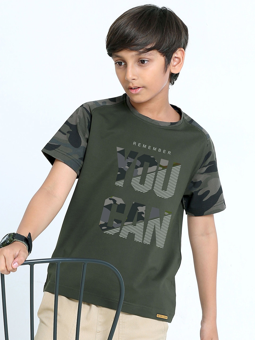 

STELLERS Boys Typography Printed Camouflage Round Neck T-shirt, Olive