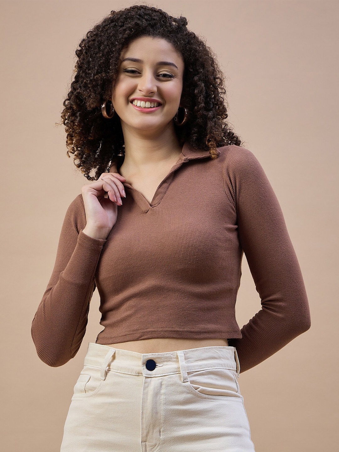 

The Roadster Lifestyle Co Shirt Collar Crop Top, Brown
