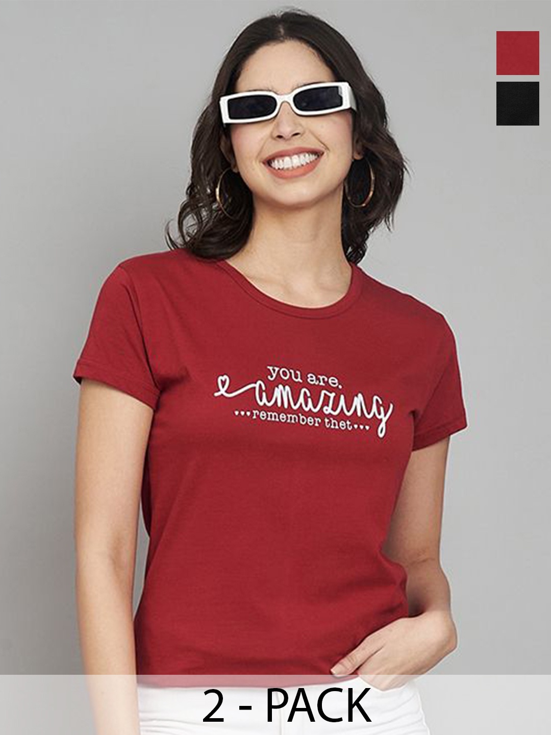

Trend Level Women Pack Of 2 Typography Printed Round Neck T-shirts, Maroon