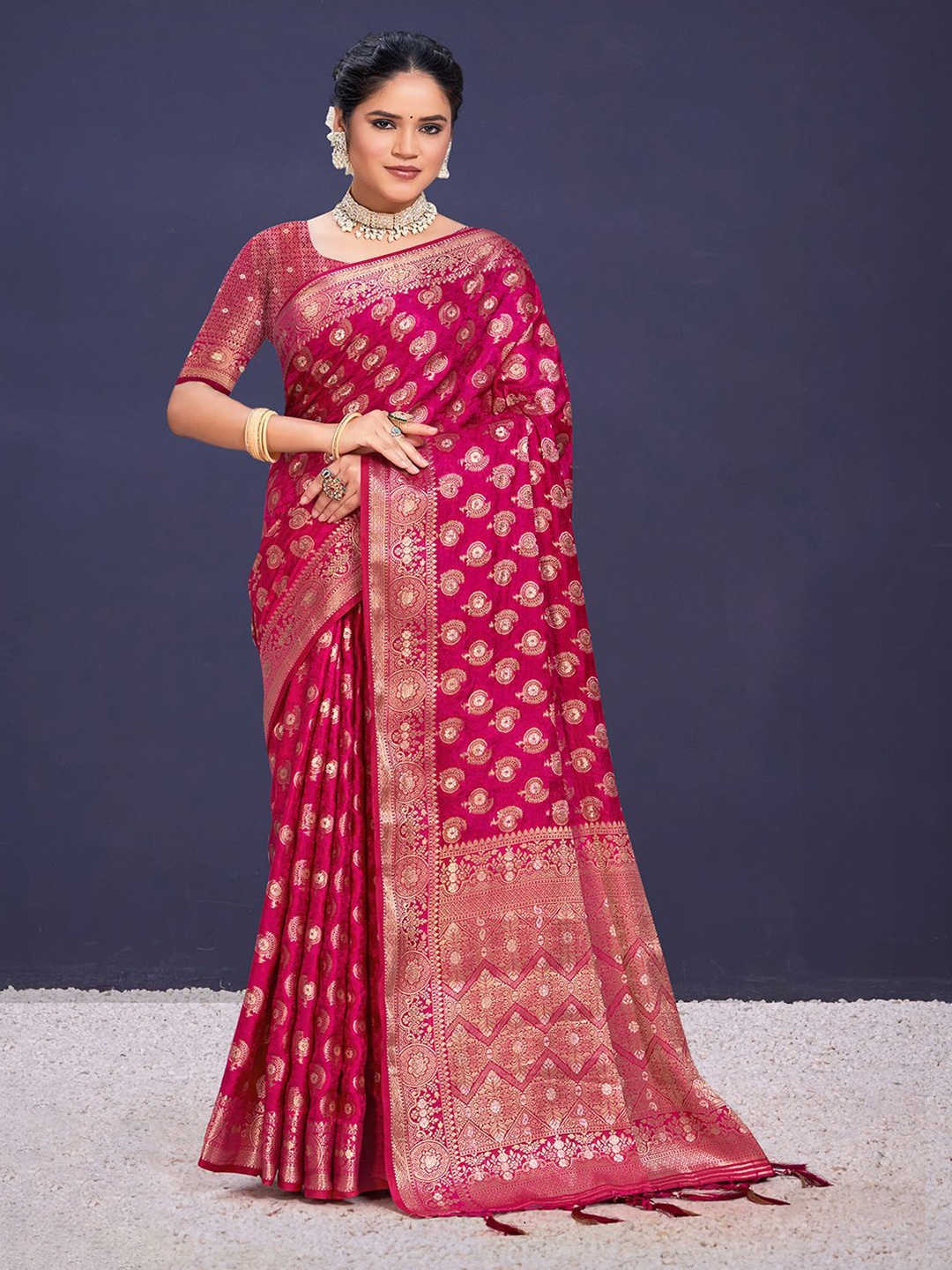 

SANGAM PRINTS Woven Design Zari Silk Blend Tussar Saree, Pink