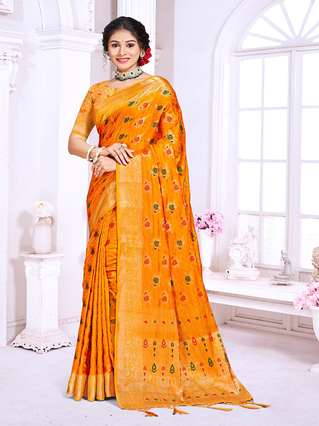 

SANGAM PRINTS Woven Design Zari Silk Blend Tussar Saree, Yellow