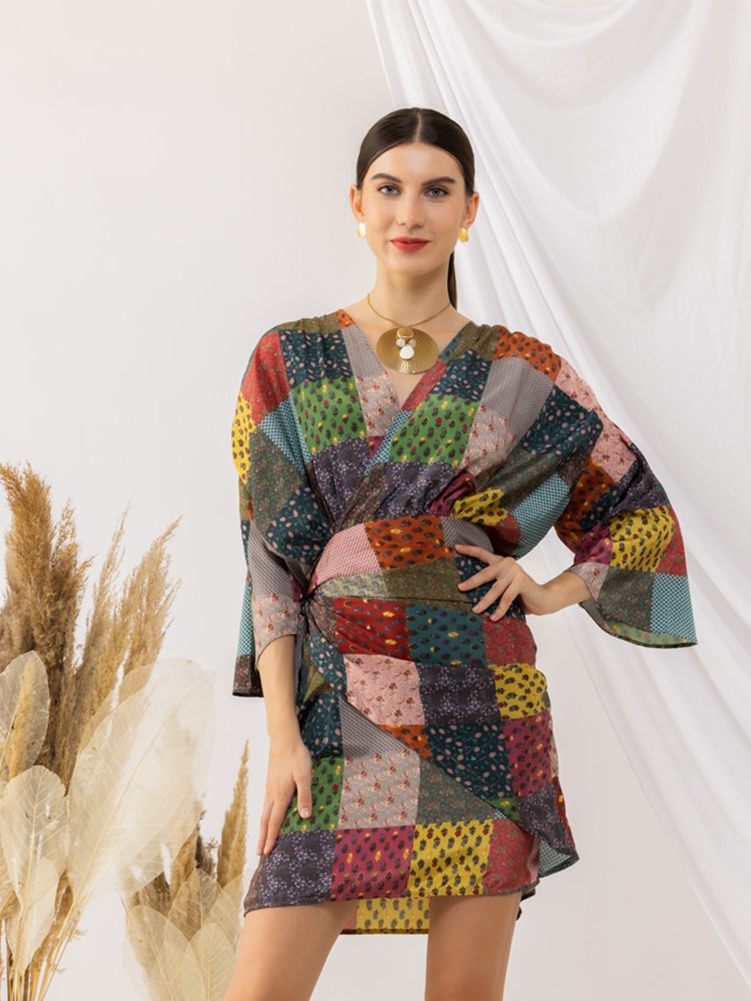 

KOVET Print V-Neck Flared Sleeve Crepe A-Line Dress, Black