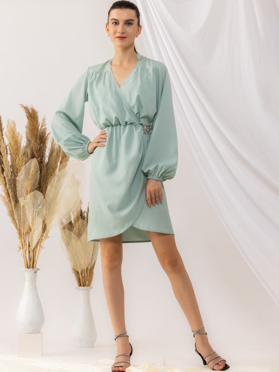 

KOVET V-Neck Long Sleeves Crepe A-Line Dress, Sea green