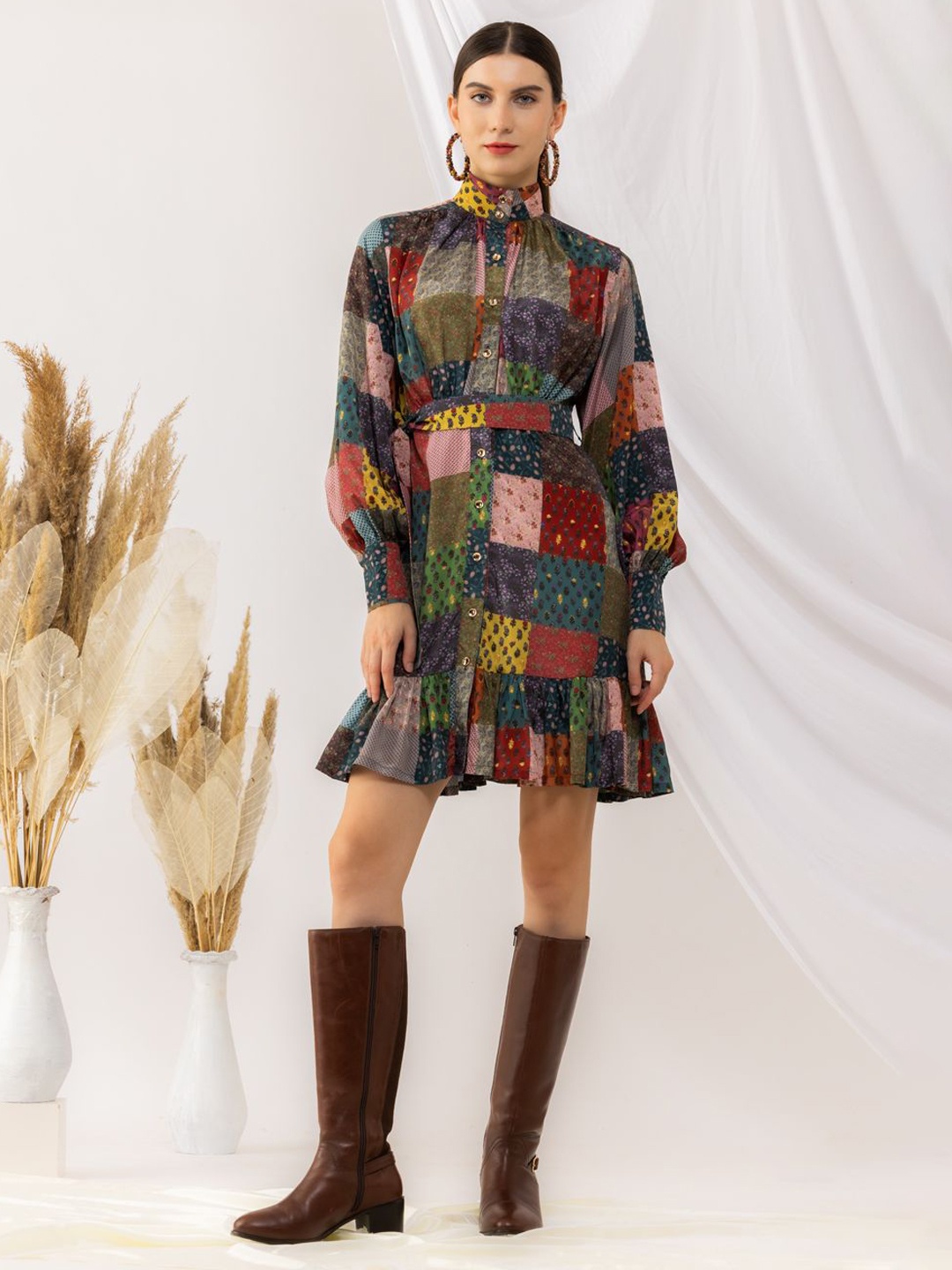 

KOVET Bohemian Print Cuffed Sleeves A-Line Dress, Multi