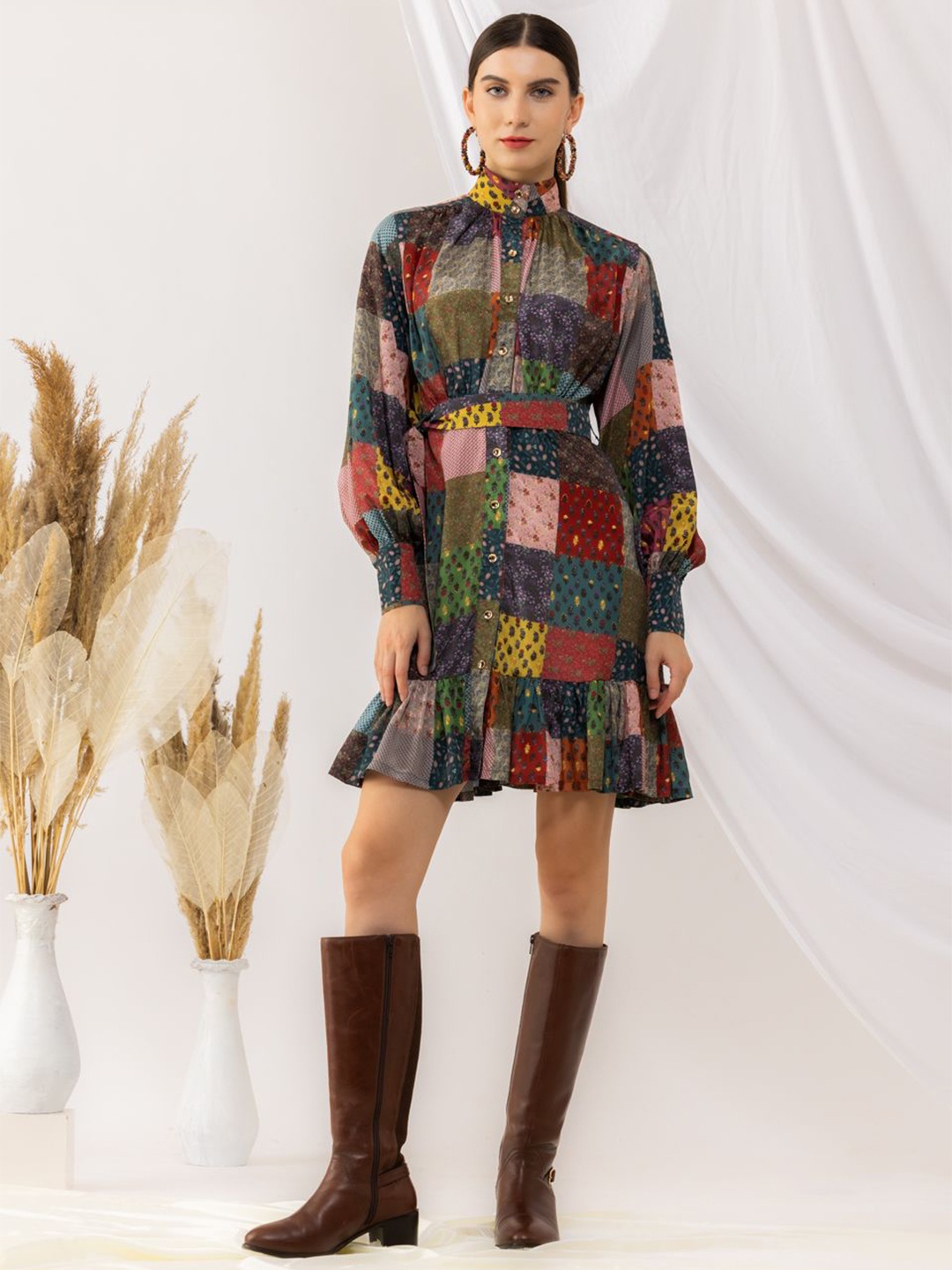 

KOVET Floral Printed Round Neck Long Sleeves Crepe Fit & Flare Dress, Black