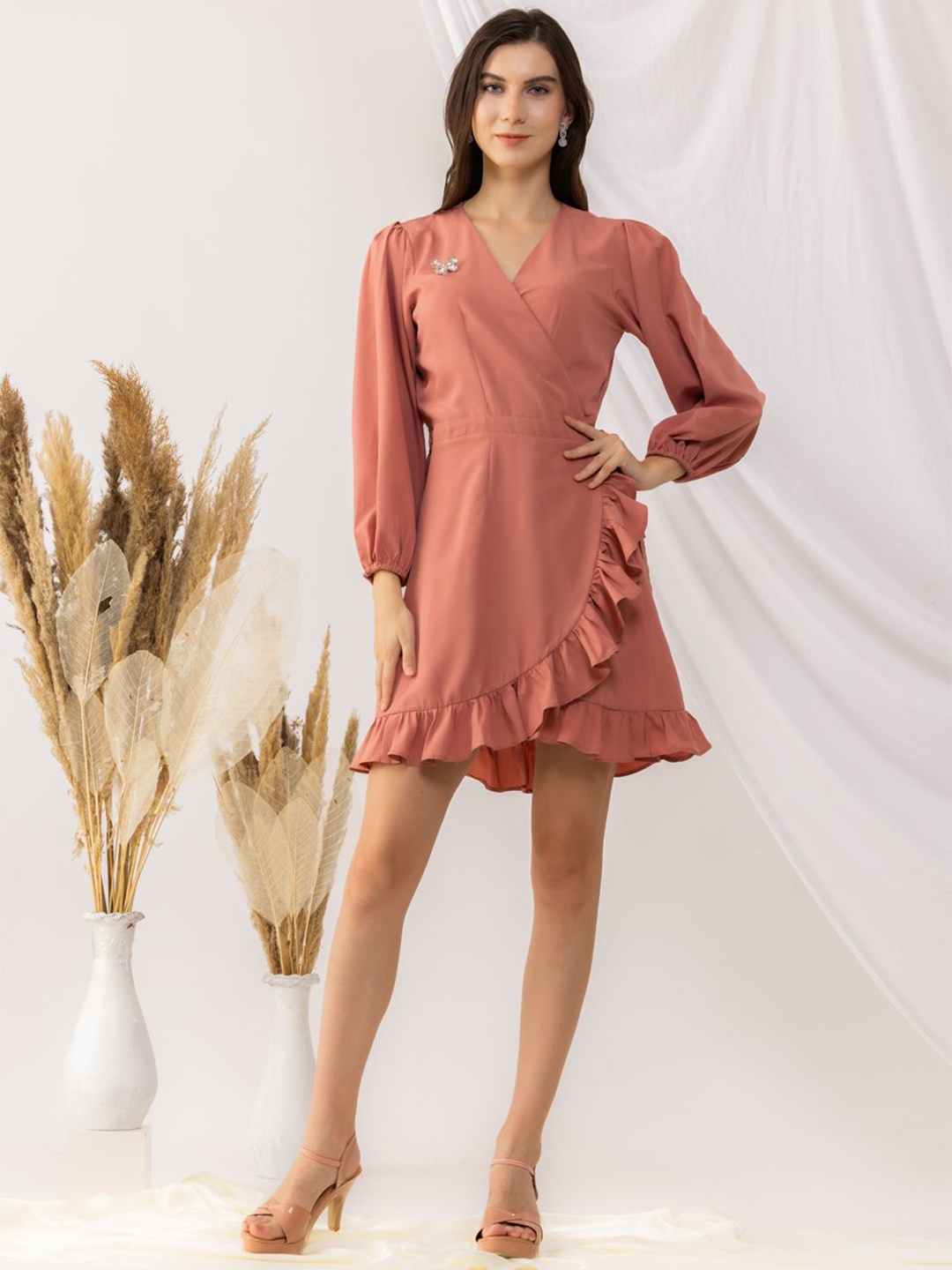 

KOVET V-Neck Long Sleeves Crepe Wrap Dress, Coral