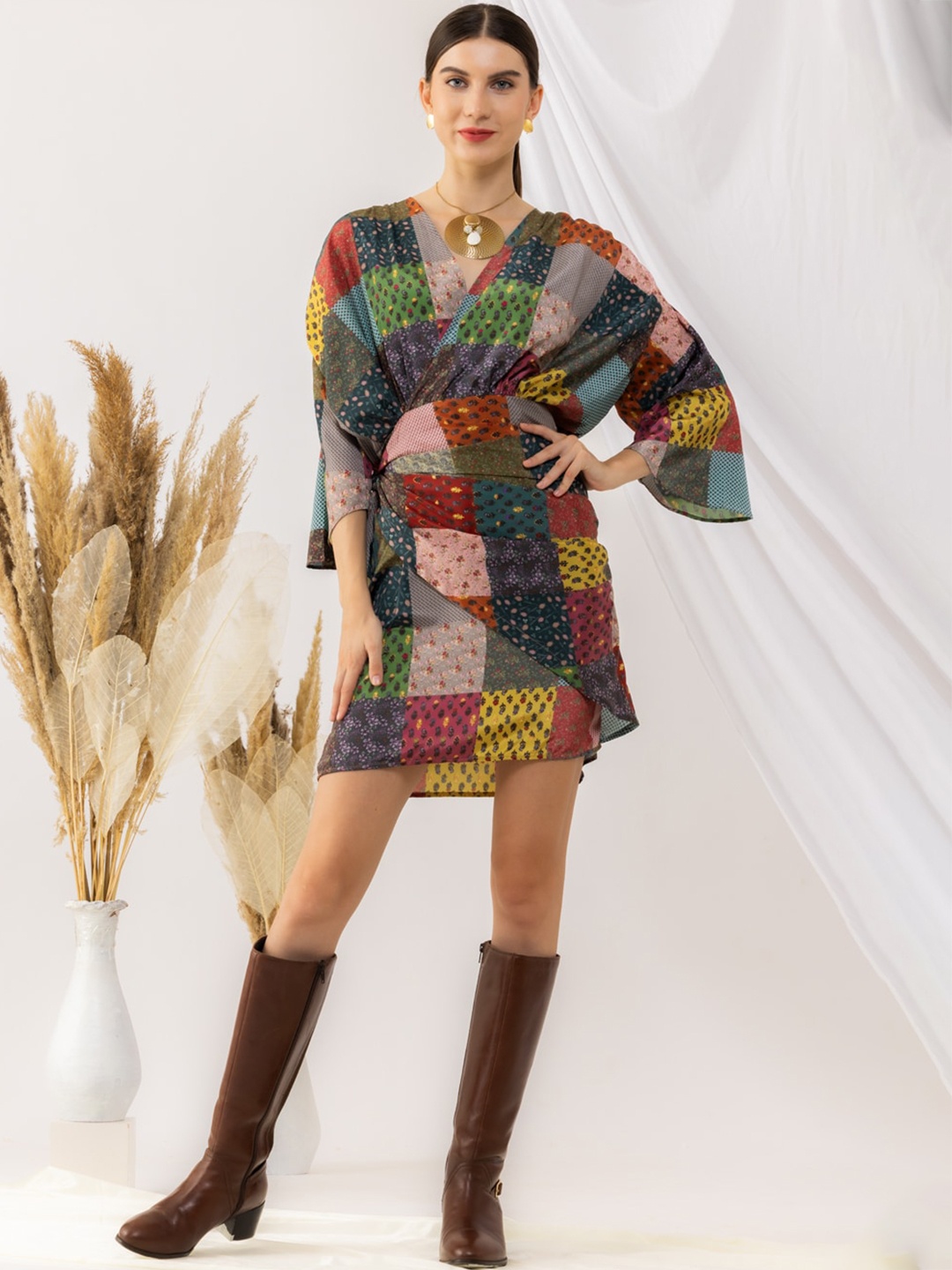 

KOVET Print V-Neck Flared Sleeve Crepe A-Line Dress, Black