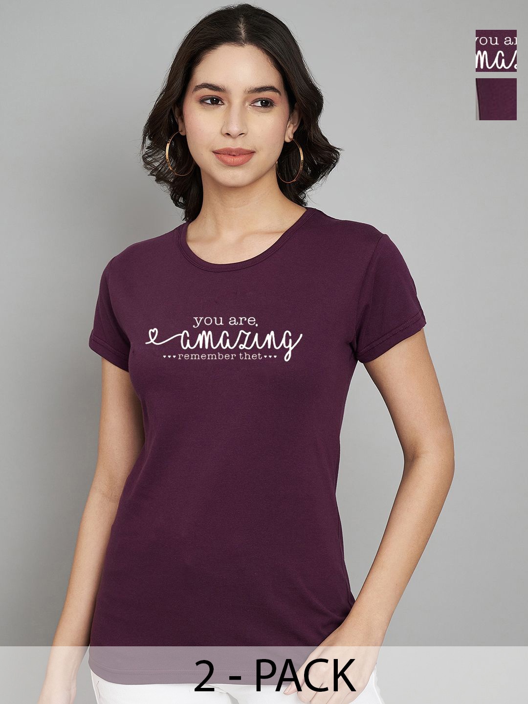 

Trend Level Women Pack Of 2 Typography Printed Round Neck T-shirts, Burgundy