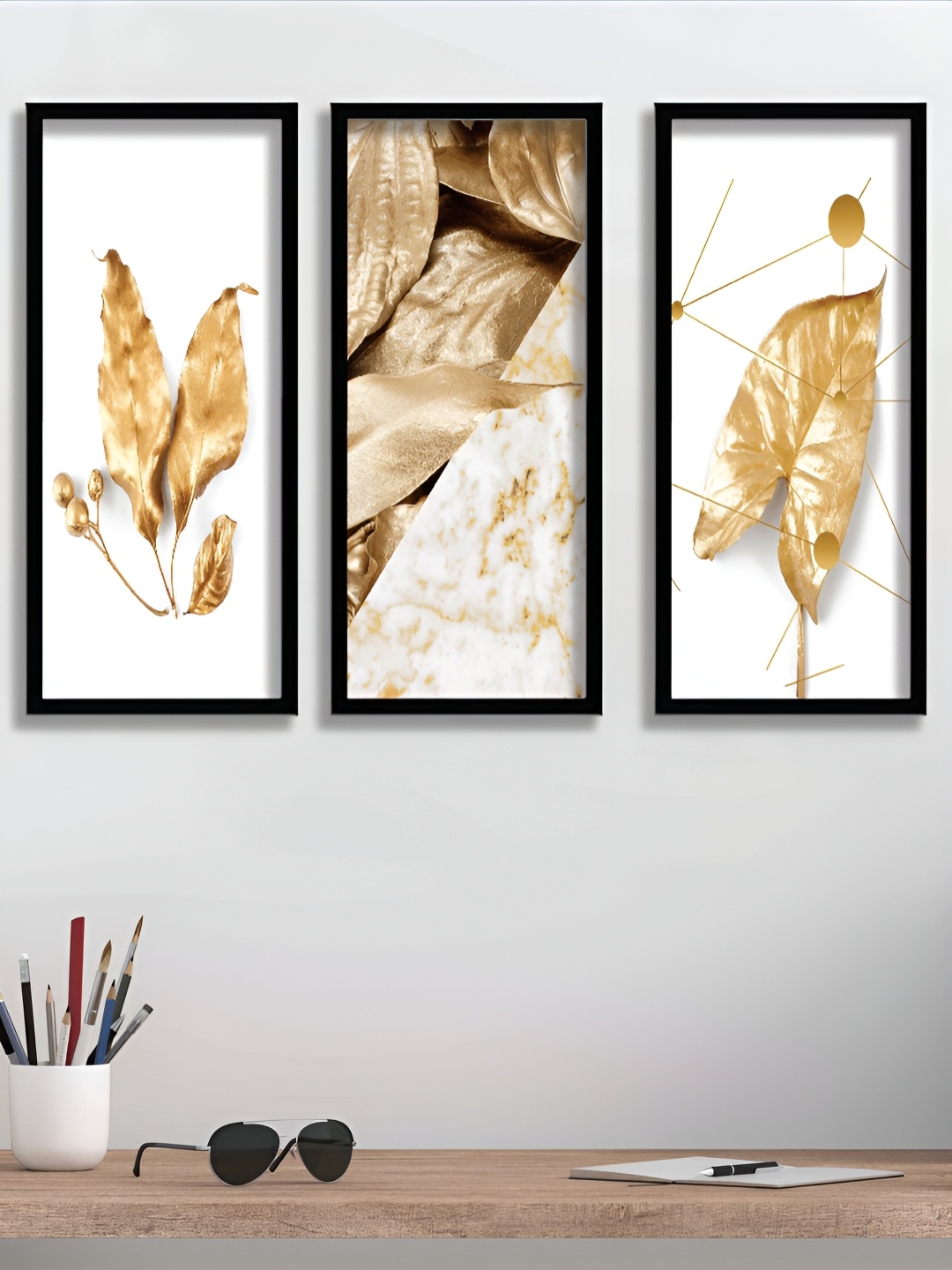 

Aura White & Gold-Toned 3 Pieces Paper Wall Paintings