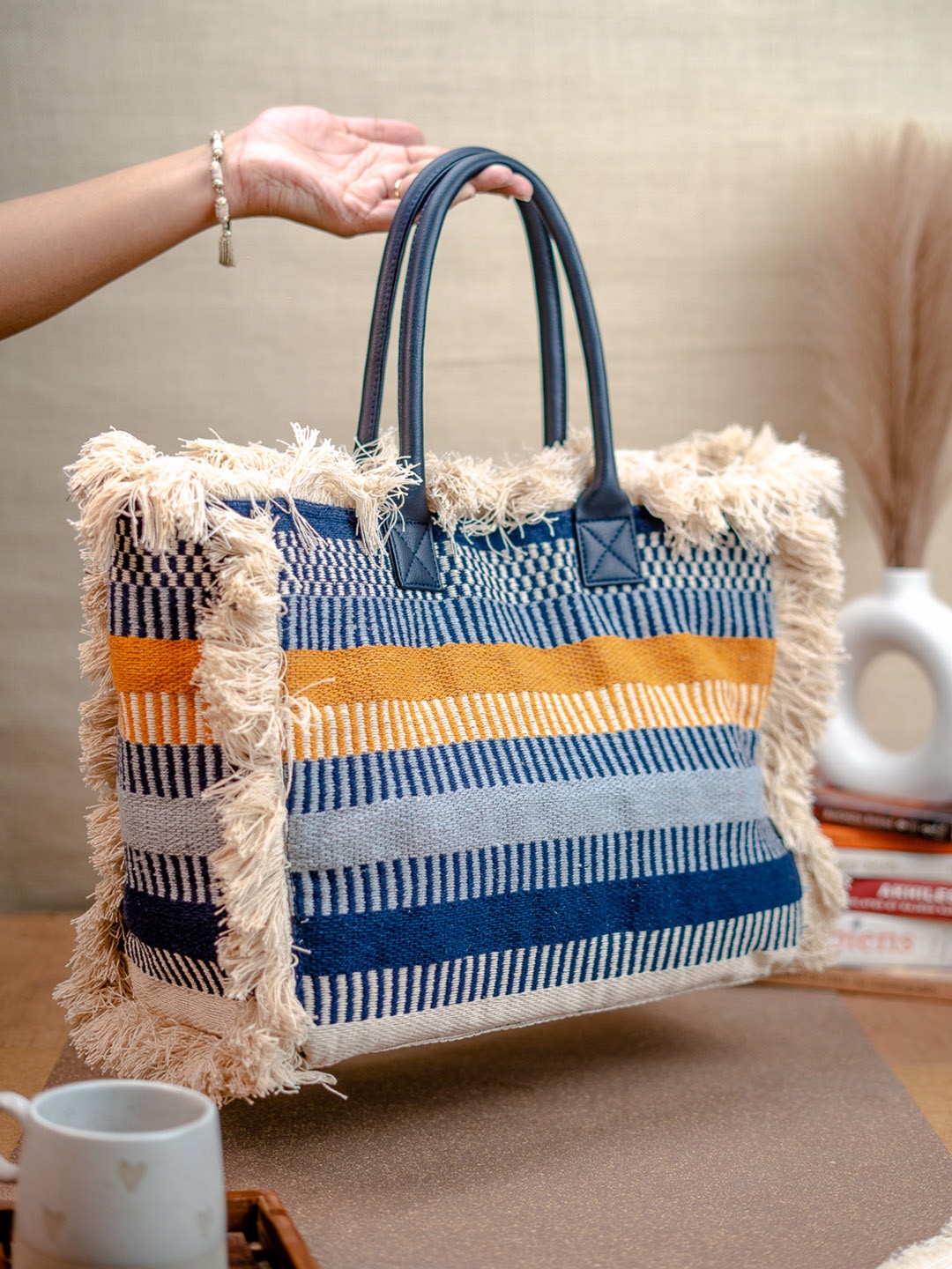 

NR By Nidhi Rathi Printed Shopper Tote Bag with Tasselled, Blue