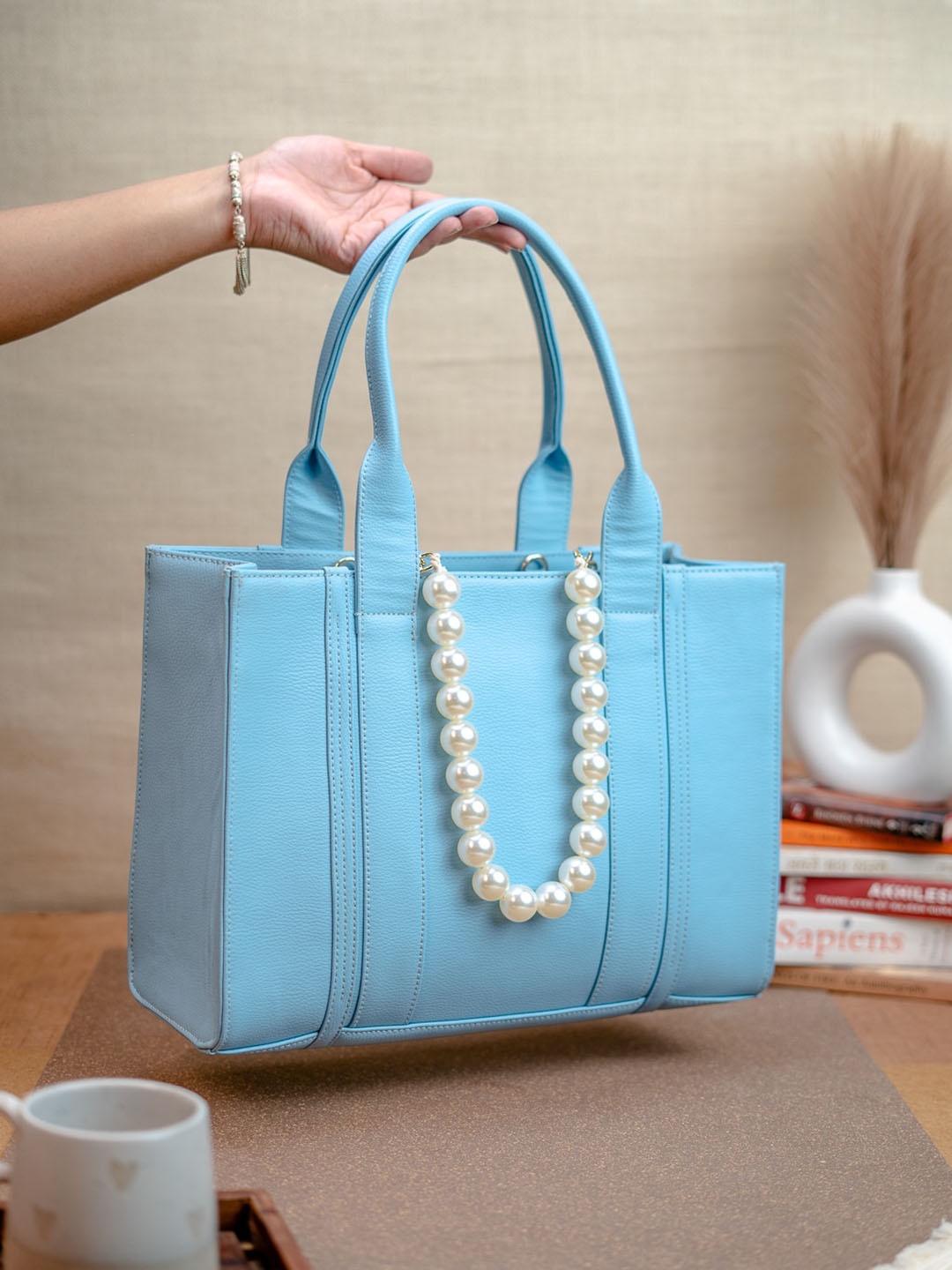 

NR By Nidhi Rathi Woman Solid Structured Handheld Bag With Pearl Handle, Blue