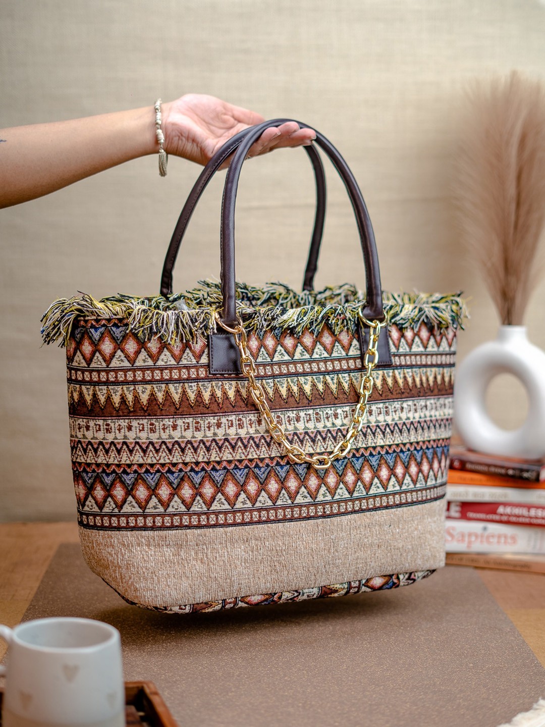

NR By Nidhi Rathi Women Self Design Shopper Tote Bag with Tasselled, Brown