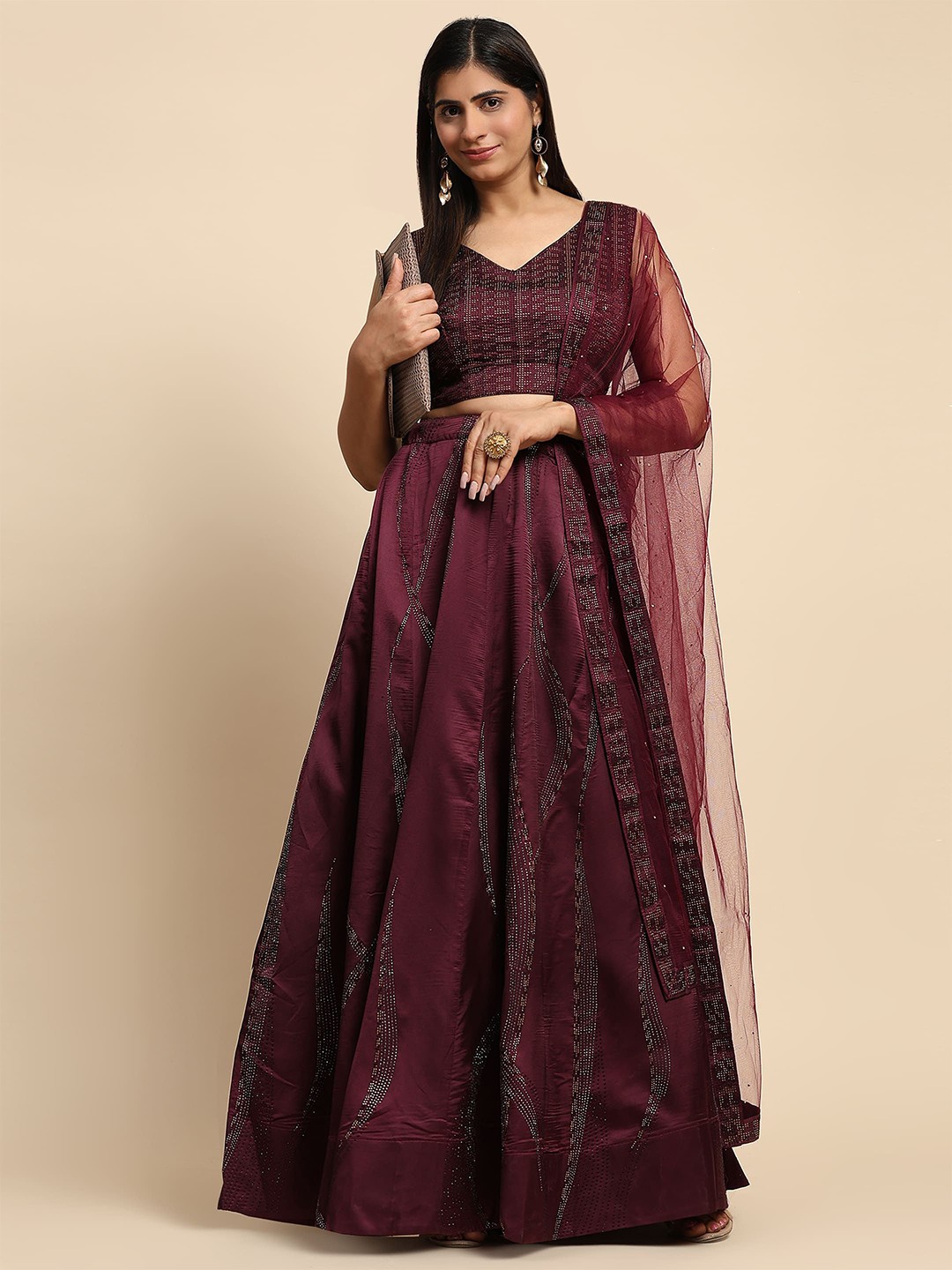 

AMOHA TRENDZ Embellished Beads and Stones Ready to Wear Lehenga & Blouse With Dupatta, Maroon