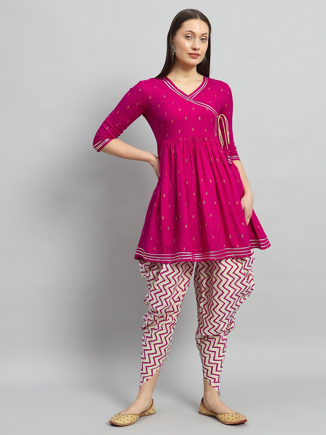 

Gujari Ethnic Motifs Printed Gotta Patti A-Line Angrakha Kurta With Dhoti Pants, Pink