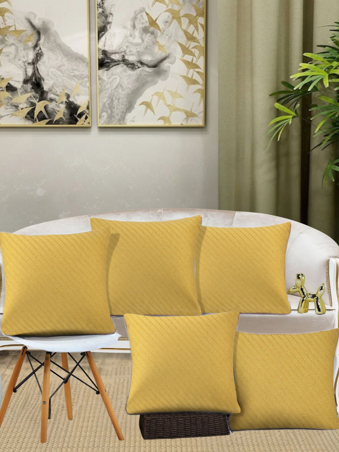 

KLOTTHE Yellow 5 Pieces Striped Pure Cotton Cushion Covers