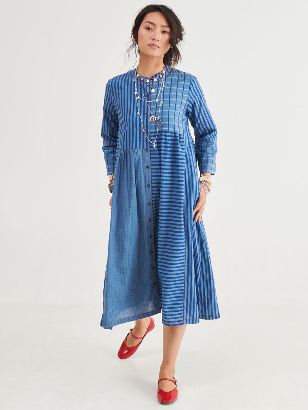 

Prakriti Jaipur Round Neck Striped Cotton A-Line Midi Dress, Blue