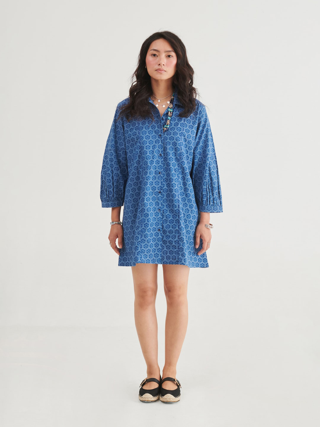 

Prakriti Jaipur Shirt Collar Printed Cotton A-Line Dress, Blue