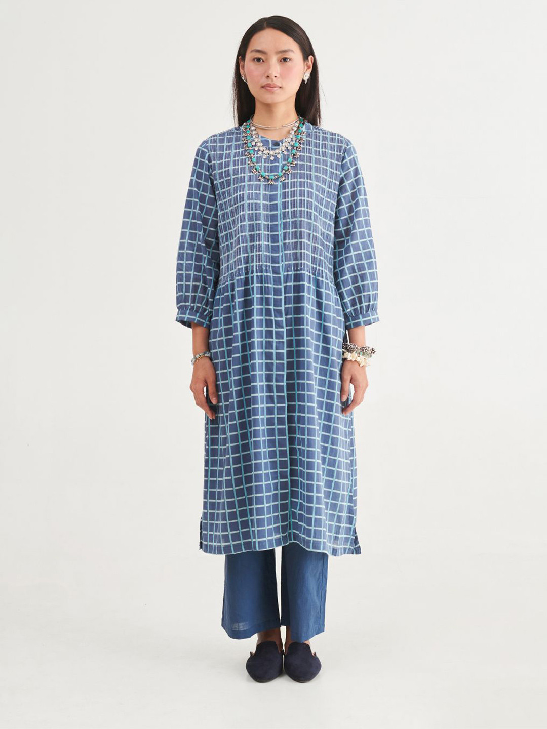 

Prakriti Jaipur Women Striped Organic Cotton Mandarin Collar Kurti, Blue