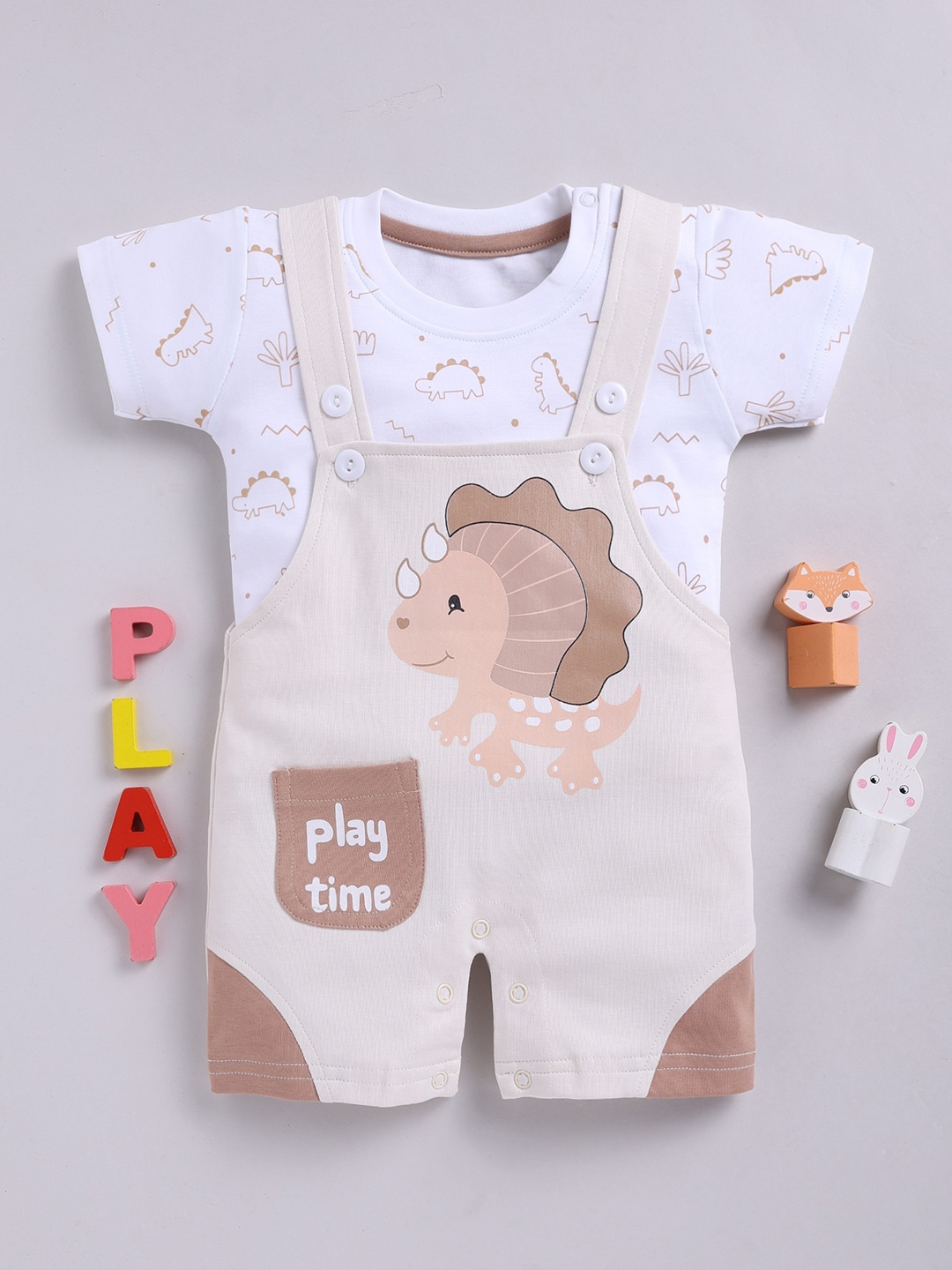 

Toonyport Kids Typography Printed Cotton Round Neck Rompers, Beige
