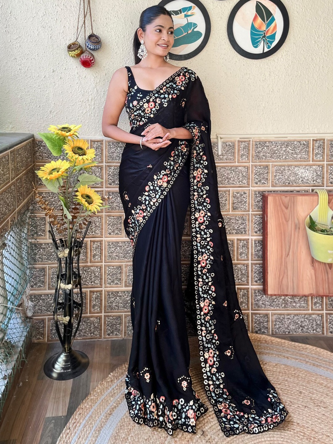 

Mitera Ethnic Motifs Sequinned Poly Chiffon Saree, Black